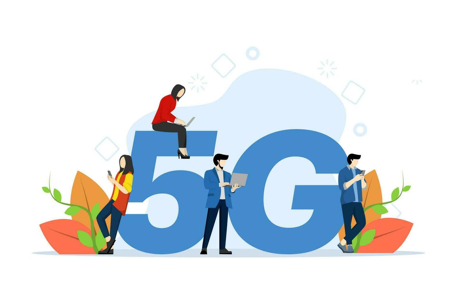 5g red inalámbrico tecnología concepto. personas en pie y sentado cerca grande 5g firmar y utilizando teléfono inteligente artilugio. alto velocidad móvil Internet conexión. innovación. plano vector ilustración.