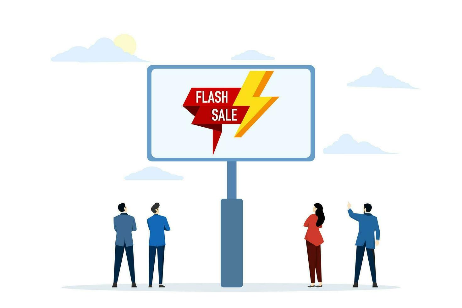 flash sale and special offer concept for web banner and website. People looking at big sale banner or billboard. Business promotion. Landing page template. Flat vector illustration.