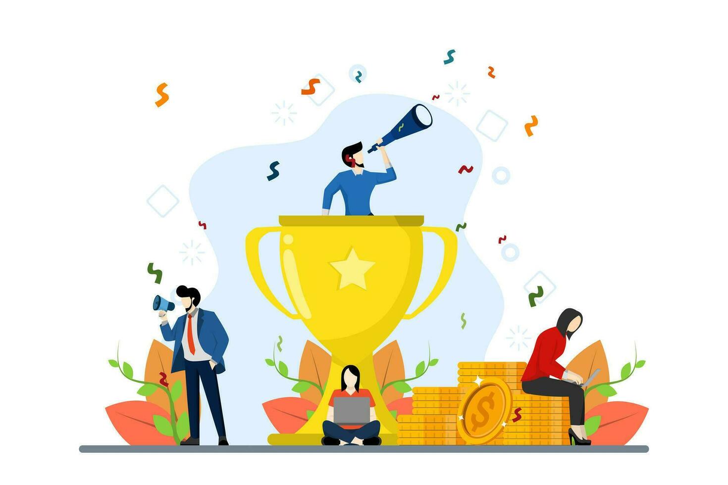 Team success concept. Successful business and teamwork. Symbol of successful team collaboration, cooperation and partnership. Team leader and colleagues celebrating victory. Flat vector illustration.