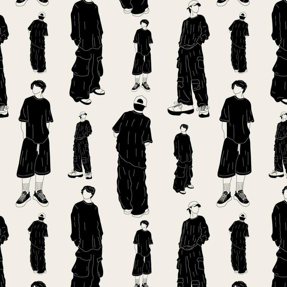 Seamless pattern with Black and white Street fashion men vector illustration. Young man in a fashionable clothes military style 90s 2000s in full growth posing