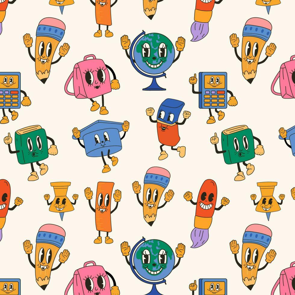 Seamless pattern with School Item 30s cartoon mascot character 40s, 50s, 60s old animation style. Cartoon cheerful school mascot vector