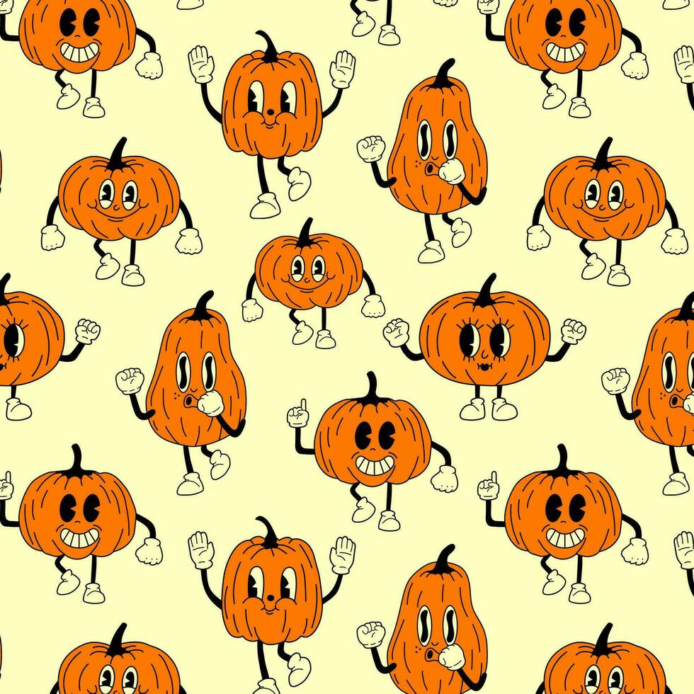 Seamless pattern with Pumpkin 30s cartoon mascot character 40s, 50s, 60s old animation style. Cartoon cheerful halloween mascot vector
