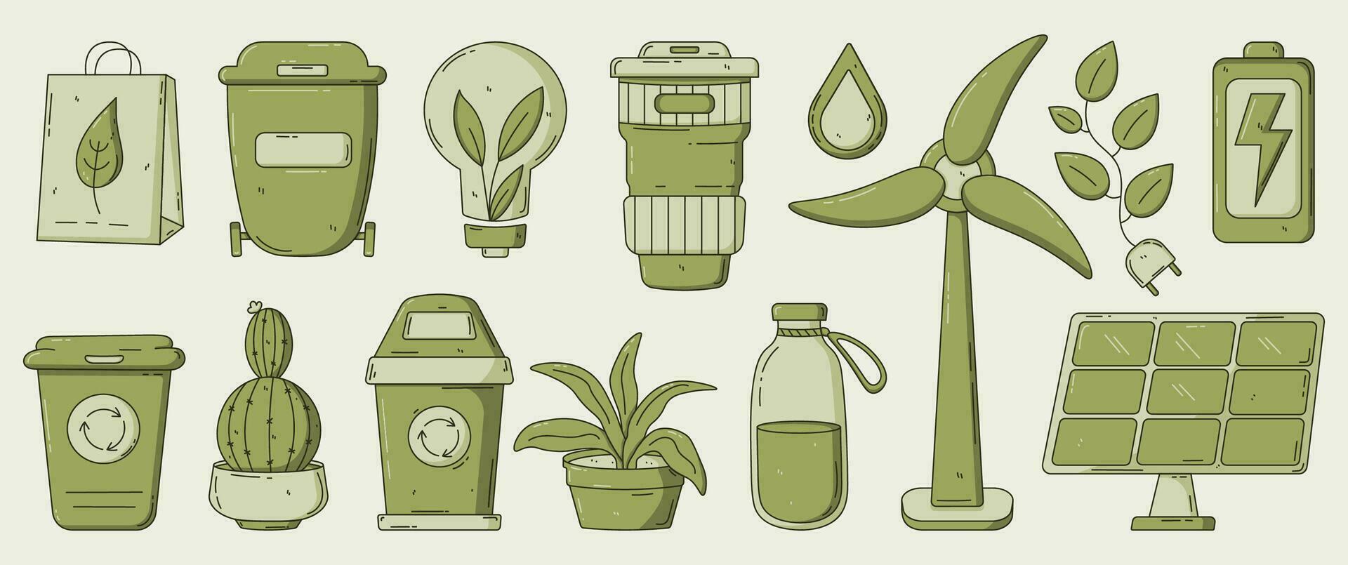 Set of objects on the topic of ecology. Eco lifestyle, zero waste, recycle, eco friendly. Reduce, reuse, refuse. Green sustainable habits concept. Cute cartoon style. Modern hand drawn vector. vector
