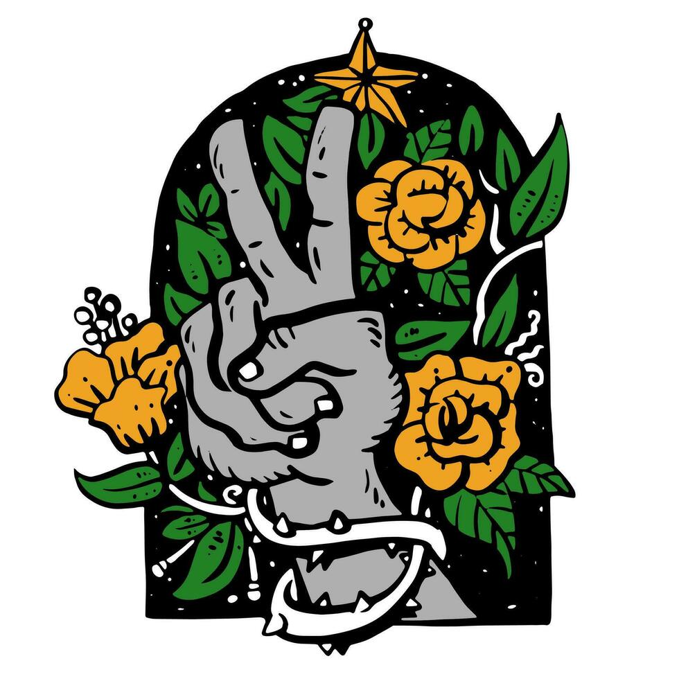 Peace hand and roses skull tattoo vector illustration
