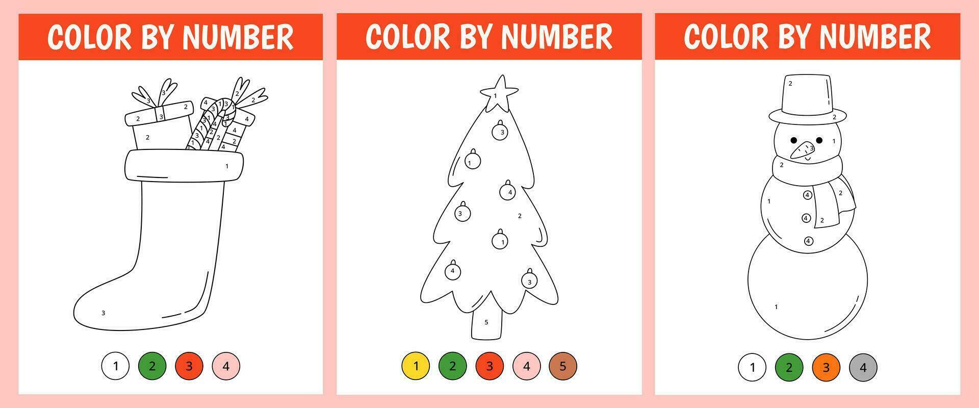 Set color by number game for kids. Cute snowman, sock with gift box, christmas tree. Christmas coloring page. Printable worksheet with solution for school and preschool. Learning numbers activity. vector