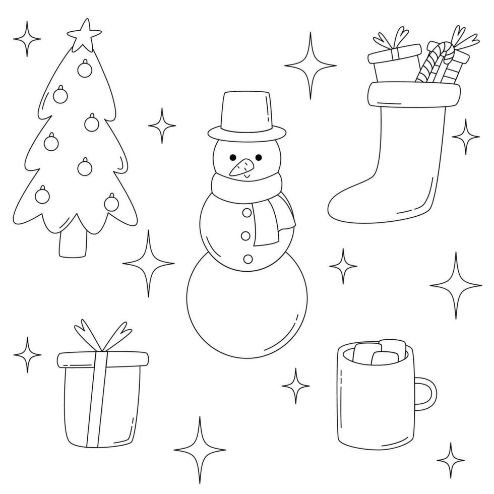 Set outline christmas retro groovy elements in 70s-80s style. Sock with gift, mug with cocoa and marshmallow, christmas tree, gift box, snowman. New year vector cartoon symbols.
