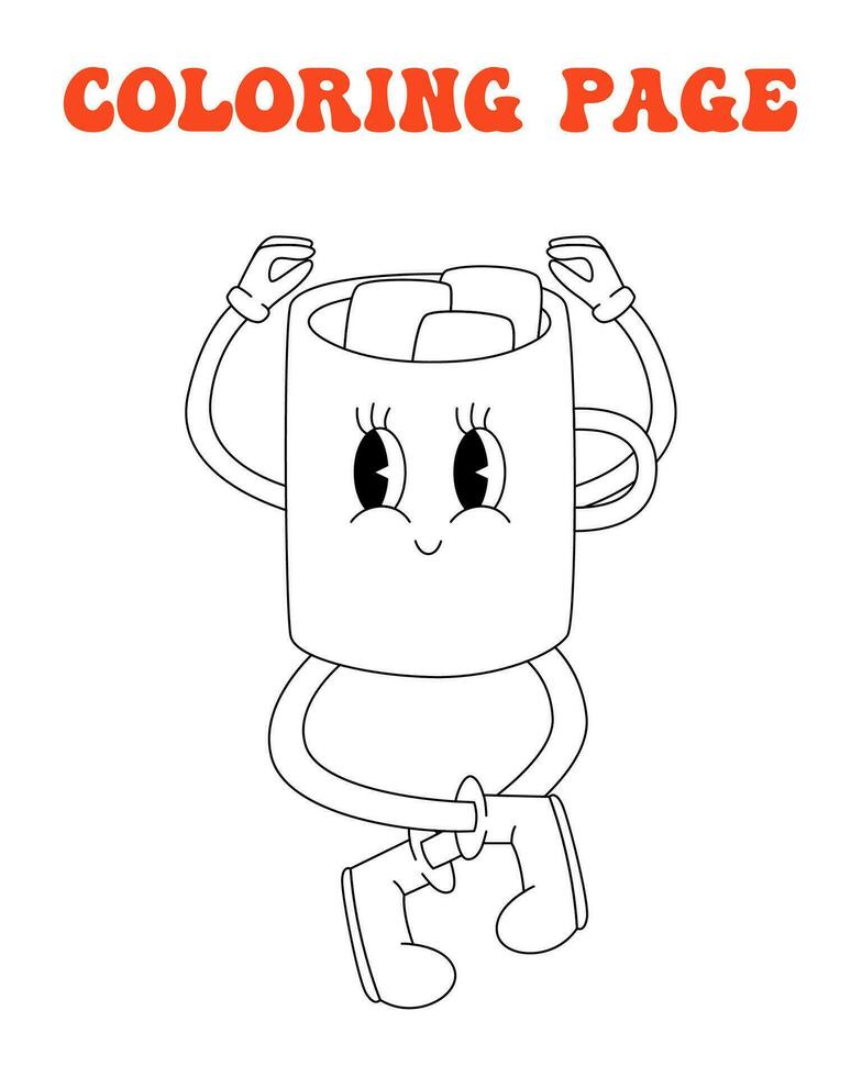 70s, 80s groovy coloring page, retro print with line cute mug with cocoa and marshmallow. Printable worksheet with solution for school and preschool. Christmas holiday, happy new year. vector