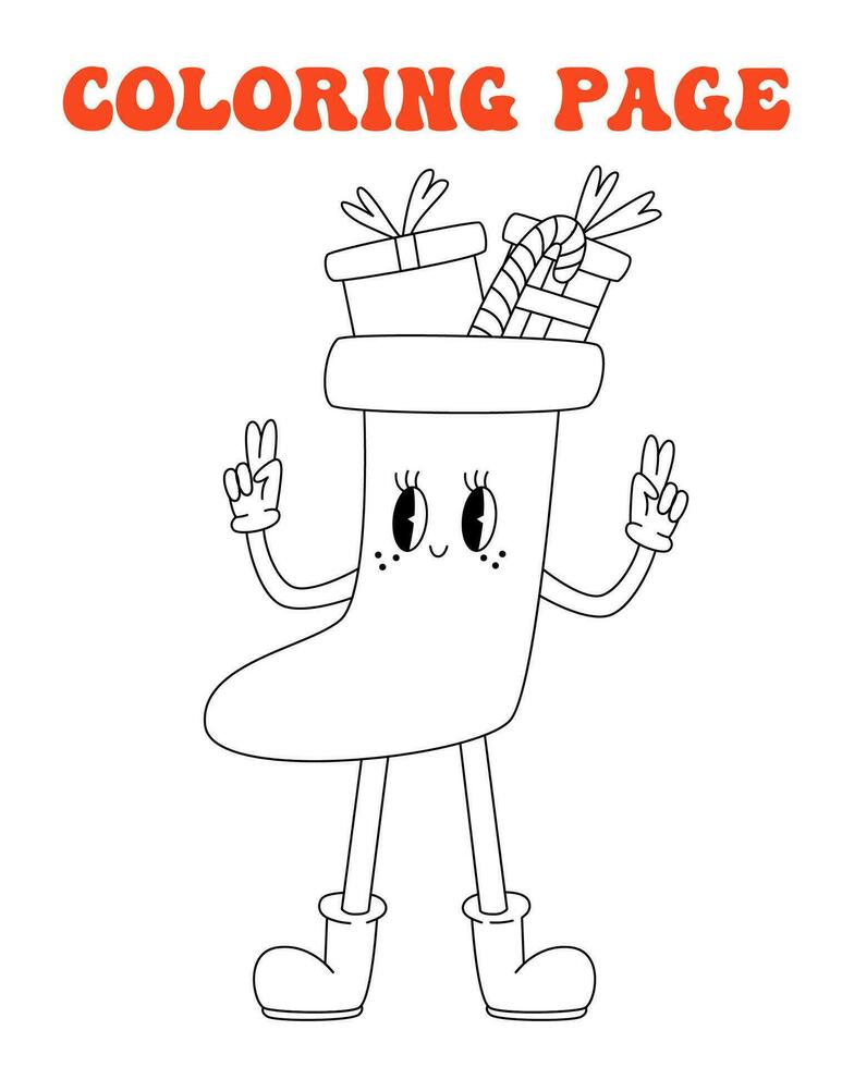 70s, 80s groovy coloring page, retro print with line cute sock with gift box. Printable worksheet with solution for school and preschool. Christmas holiday, happy new year. vector