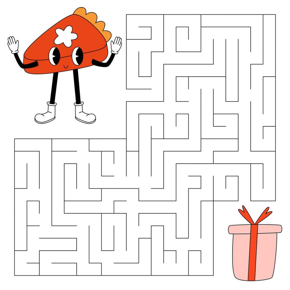 Maze game for kids. Cute groovy pumpkin pie with face looking for a way to the gift box. 70s, 80s halloween, autumn vibe, thanksgiving day. Printable worksheet with solution for school and preschool. vector