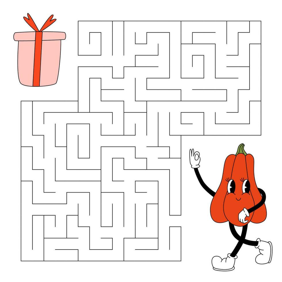 Maze game for kids. Cute groovy pumpkin with face looking for a way to the gift box. 70s, 80s halloween, autumn vibe, holiday 31 october. Printable worksheet with solution for school and preschool. vector