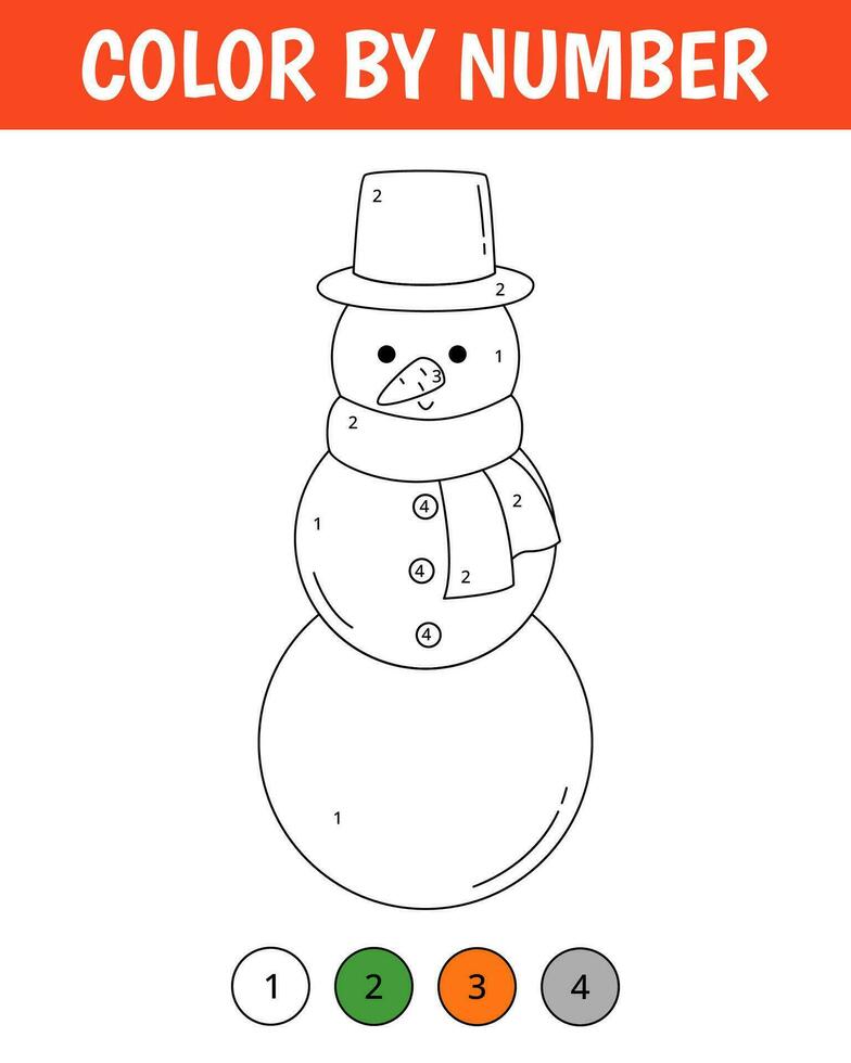 Color by number game for kids. Cute snowman. Christmas coloring page. Printable worksheet with solution for school and preschool. Learning numbers activity. Vector cartoon illustration.