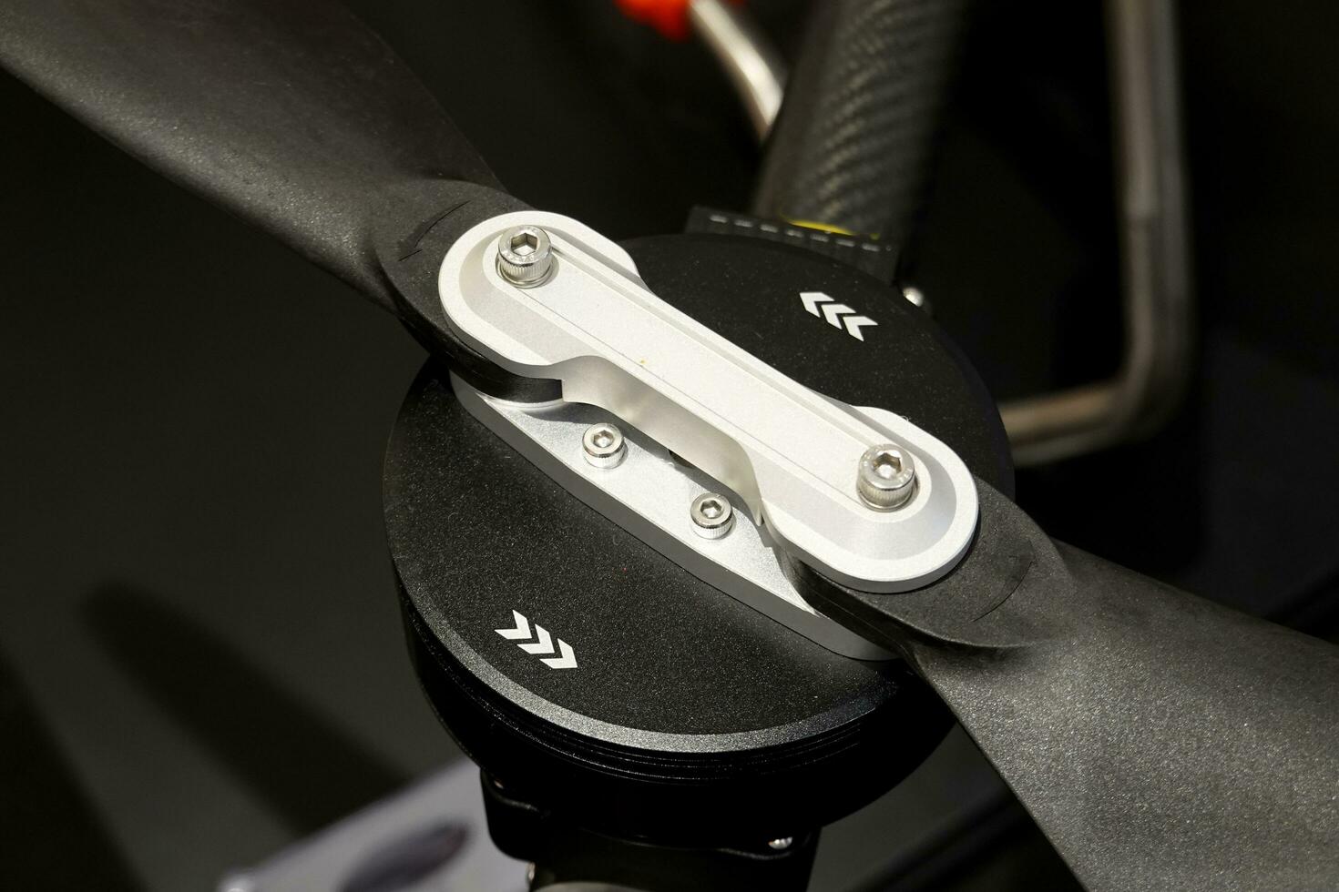 Closeup of drone propellers and brushless motor. Big propellers blades