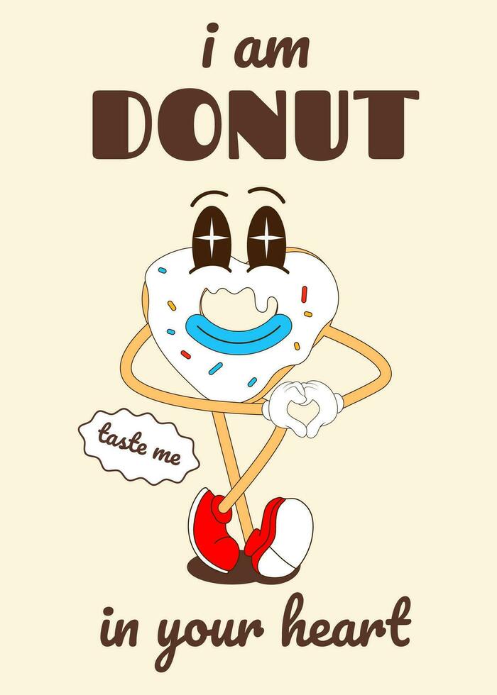 Heart shaped donut character, retro mascot character, breakfast menu, cafe, restaurant, bakery. vector