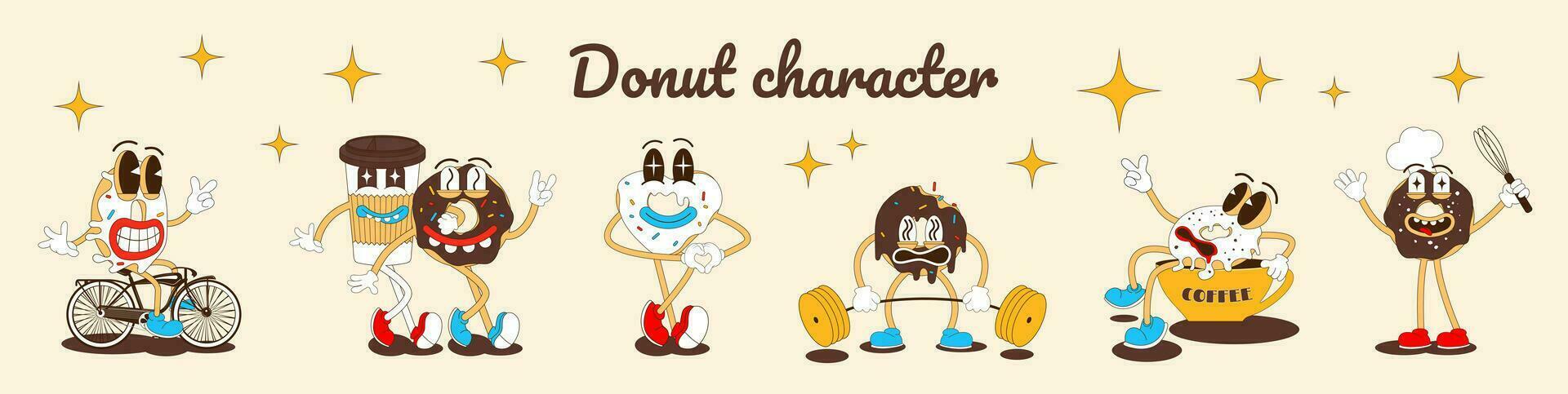 Donut retro cartoon stickers. Groovy Funky Vector in trendy retro psychedelic cartoon style. Funny donut for bakery, cafe, restaurant.