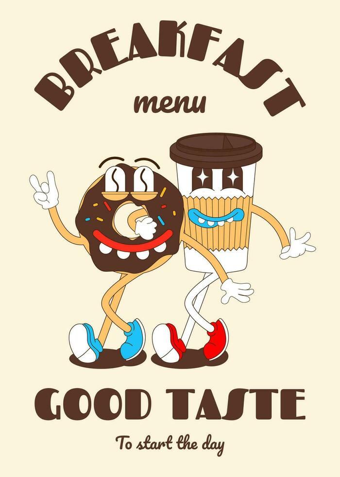 Donut character, retro mascot character, breakfast menu, cafe, restaurant, bakery. vector