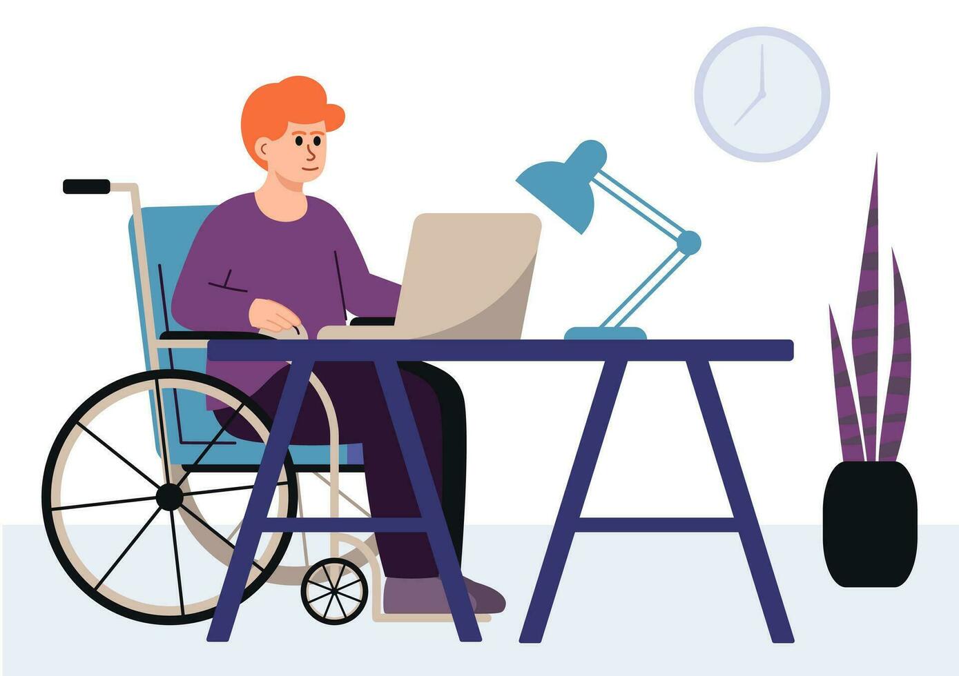 Ginger Freelancer In A Wheelchair Work From Home. Vector Illustration In Flat Style