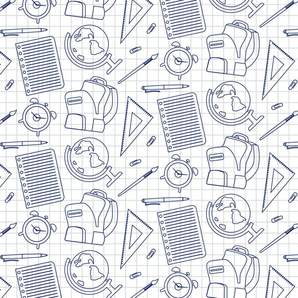 School, University Monochrome Pattern. Blue On White Background. Vector Outline Illustration