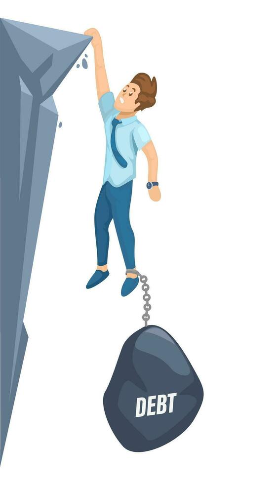 Office Worker On Edge Of Cliff With Stone Weight Debt On Foot, Financial Problem Cartoon illustration Vector