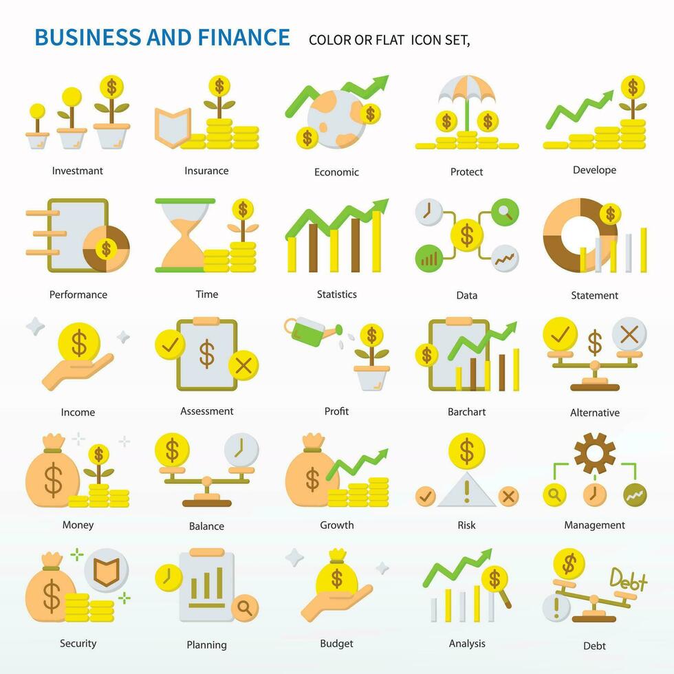 Business and finance icon set - Color or Flat Icons. Same as Invest, Insurance, Economic, Protect, Develop, Performance, Time, Statistic, Data, Statement, Income, Assessment, Profit etc. vector