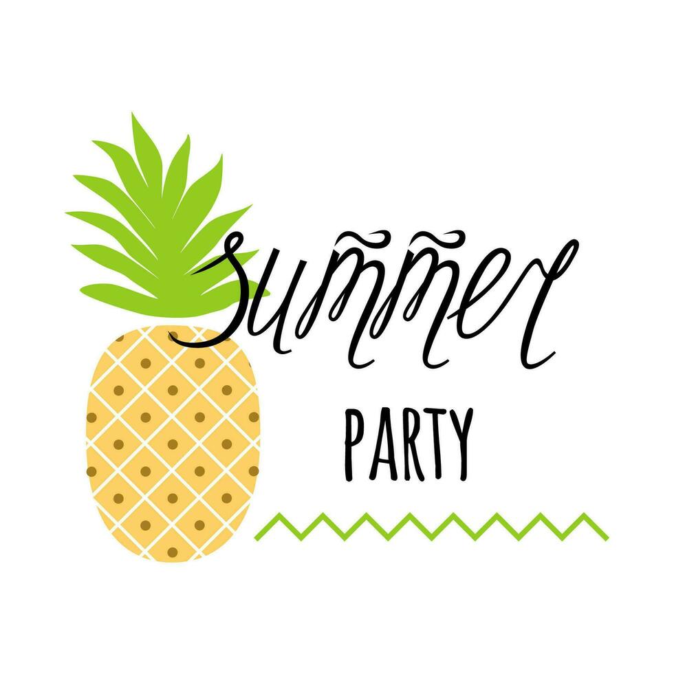 Vector invitation sign with pineapple, text 'Summer party' on white background. Summer tropical template with fruit and hand lettering elements