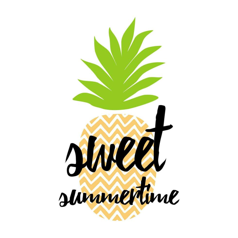 Summer time banner. Vector summer print with hand drawn pineapple and hand written lettering element 'Sweet summertime'. Bright poster with tropical fresh fruit, lettering.