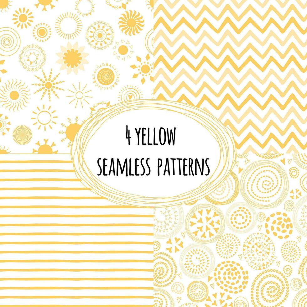 4 yellow hand drawn design vector seamless patterns striped, zig zag, sun icons. Endless texture for wallpaper, fill, web page background, surface texture. Set of monochrome geometric floral ornament