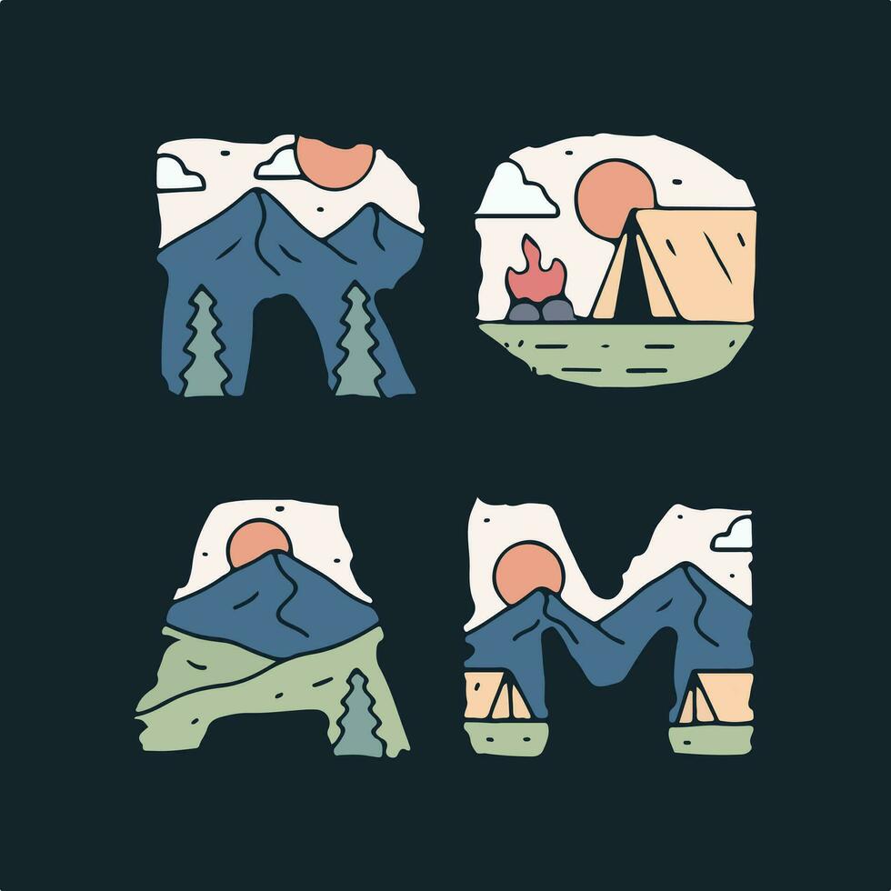 Roam letter with mountain camping design inside for t-shirt, sticker, and other use vector