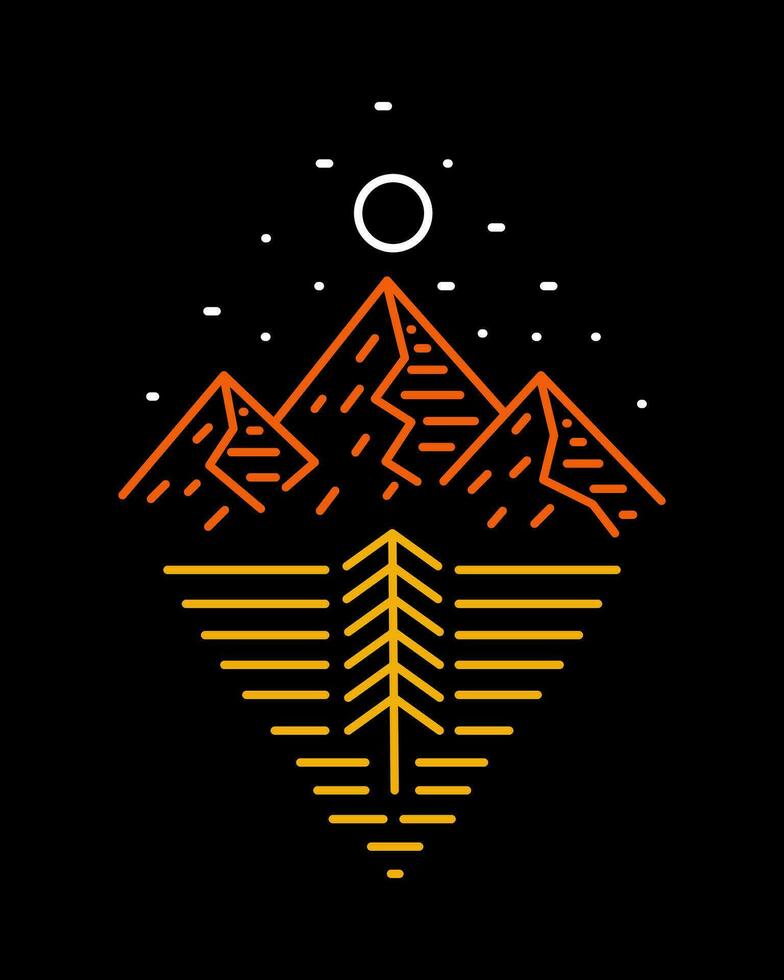 The nature mountain in night in mono line art vector t shirt badge patch sticker illustration