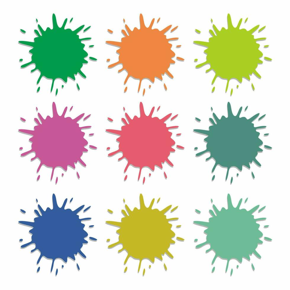 Paint splatter colorful set. Round splash flat collection. Cartoon splatters. Stain colored ink collection. Isolated vector illustration