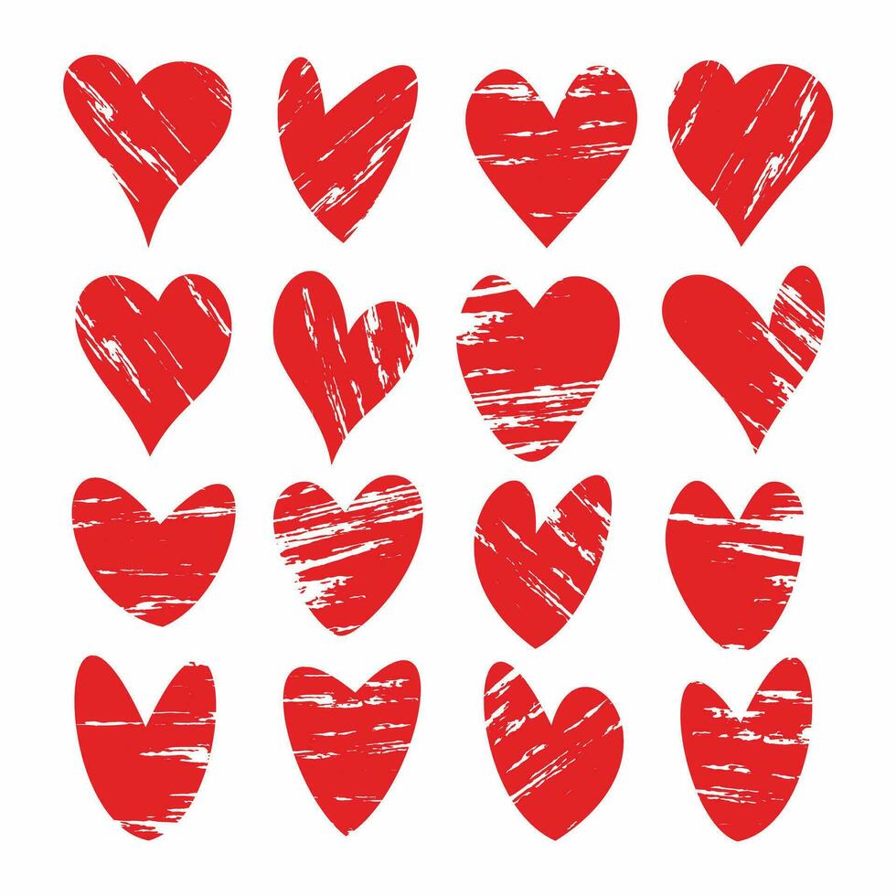 Collection set of red grunge heart. Artistic love icon. Hand drawing sketch heart. vector