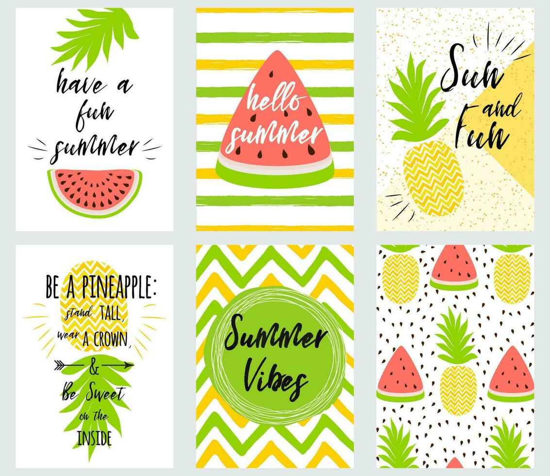 Set of bright summer banners with summer quotes fresh fruits shapes pineapple watermelon tropical leaf Vector illustration Hand drawn cards with text Hello Summer Sun Fun Summer Vibes Be a Pineapple