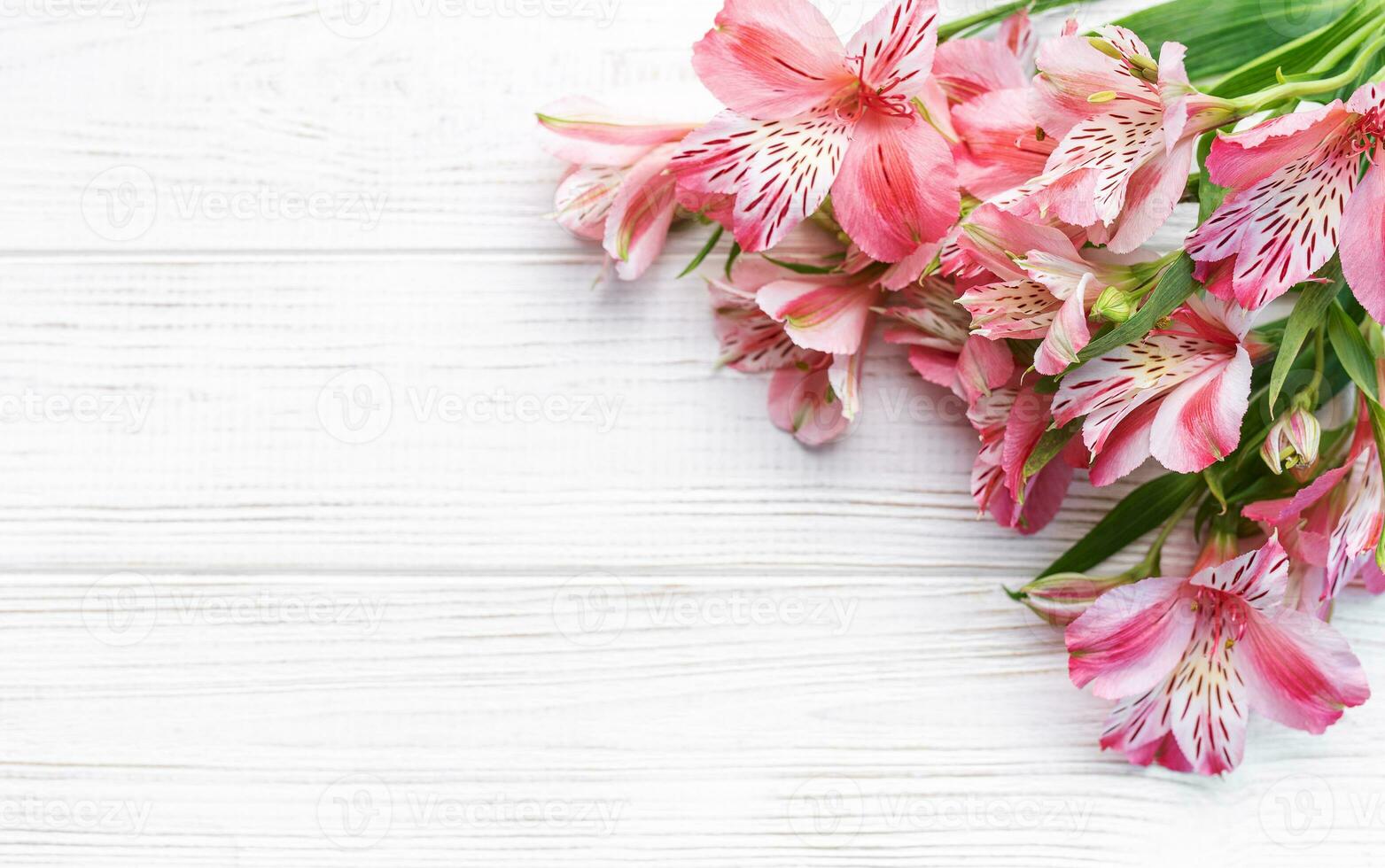 Beautiful Alstroemeria flowers on wooden background photo