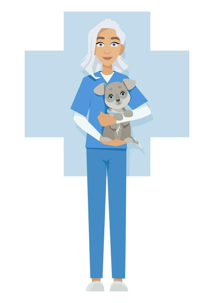 mujer veterinario participación un perro en su brazos vector