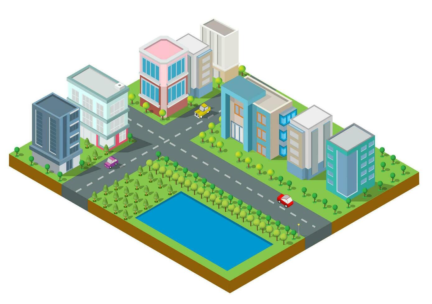 Set of Isometric Building vector.They are on Yard.The river with road and trees. building 3d , smart city, Vector office and town apartment concept.