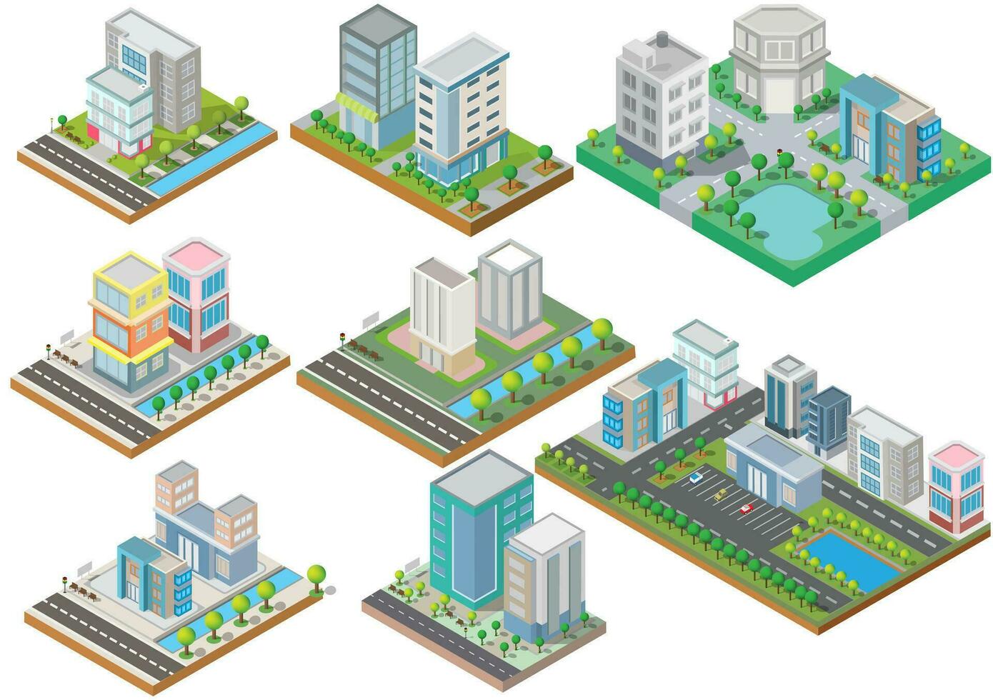 Set of Isometric Building vector.They are on Yard.The river with road and trees. building 3d , smart city, Vector office and town apartment concept.