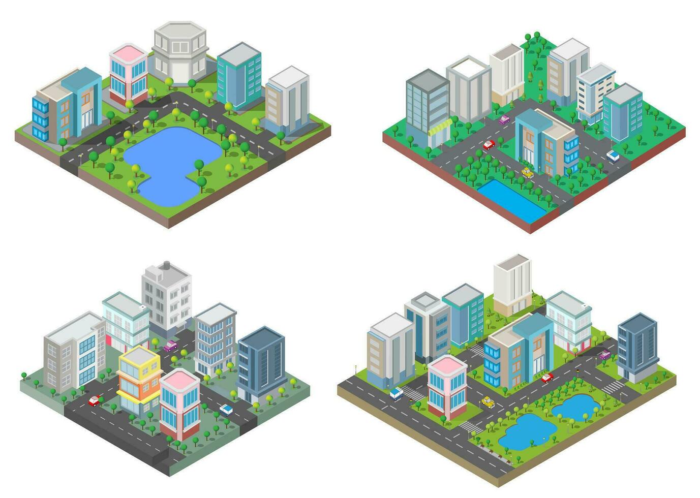 Set of Isometric Building vector.They are on Yard.The river with road and trees. building 3d , smart city, Vector office and town apartment concept.