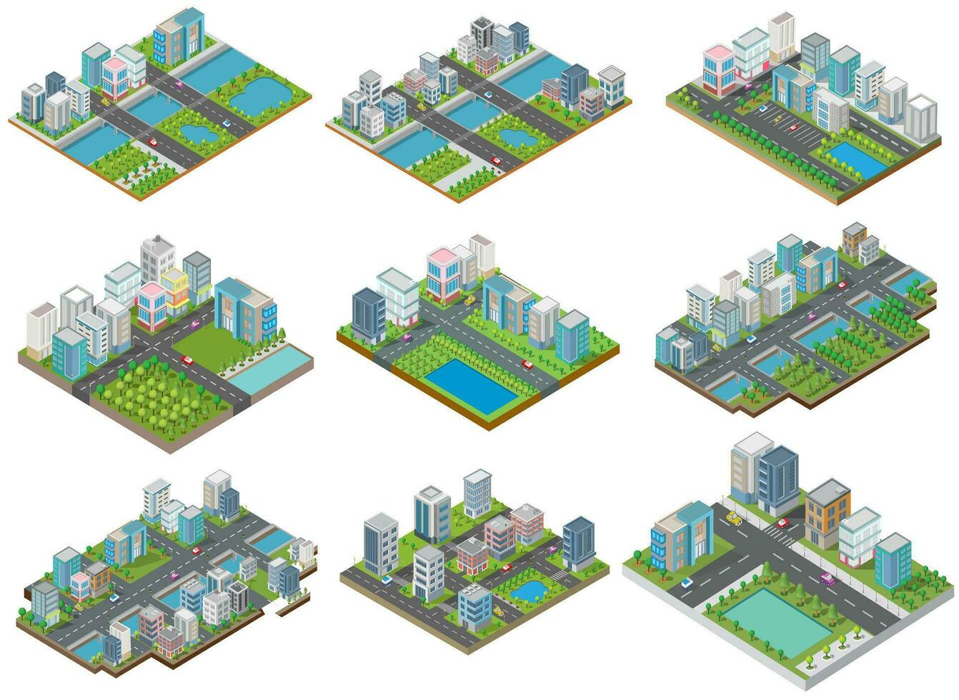 Set of Isometric Building vector.They are on Yard.The river with road and trees. building 3d , smart city, Vector office and town apartment concept.