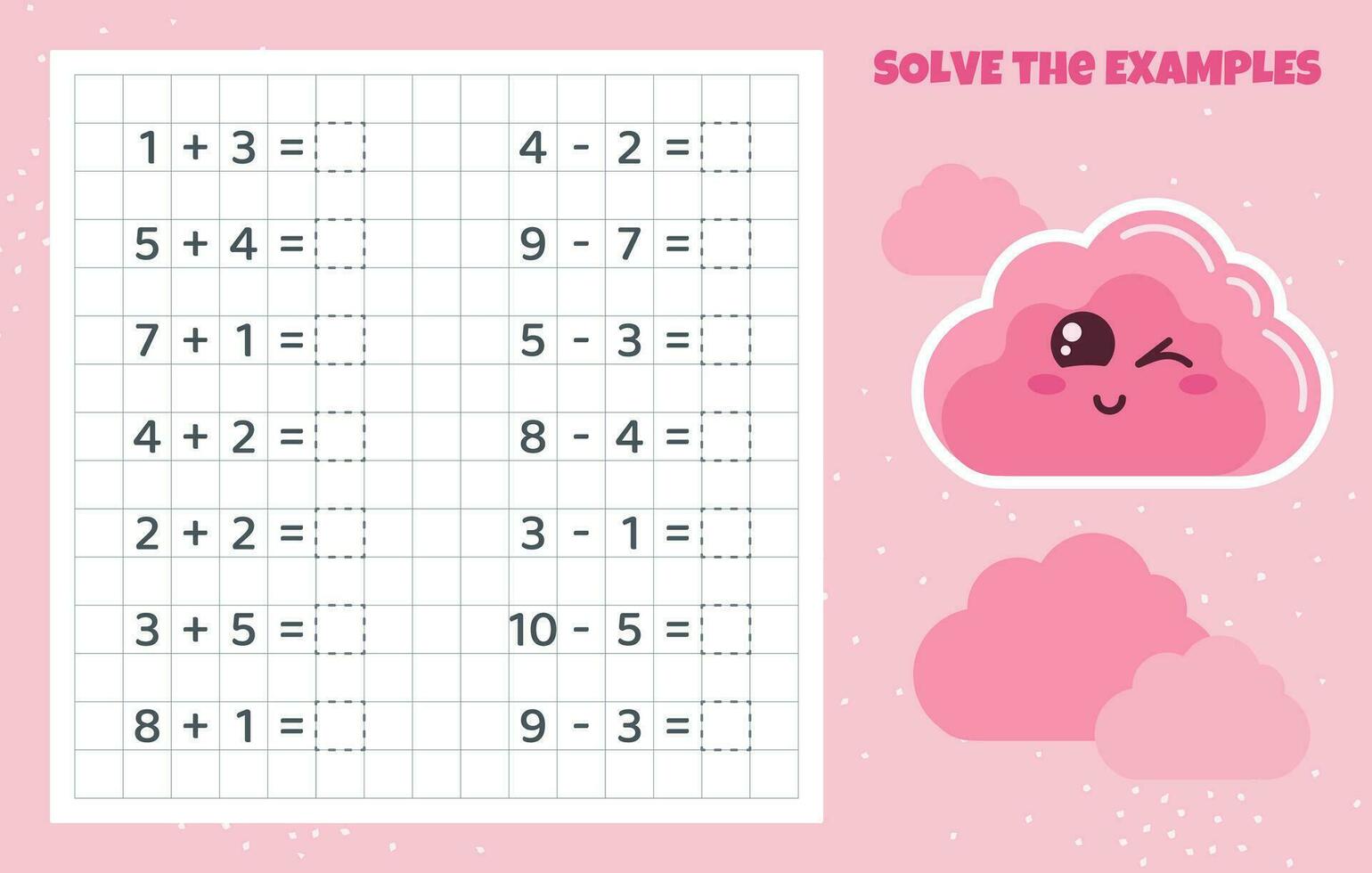 Solve the examples. Addition and subtraction. Mathematical puzzle game. Worksheet for school kids. vector