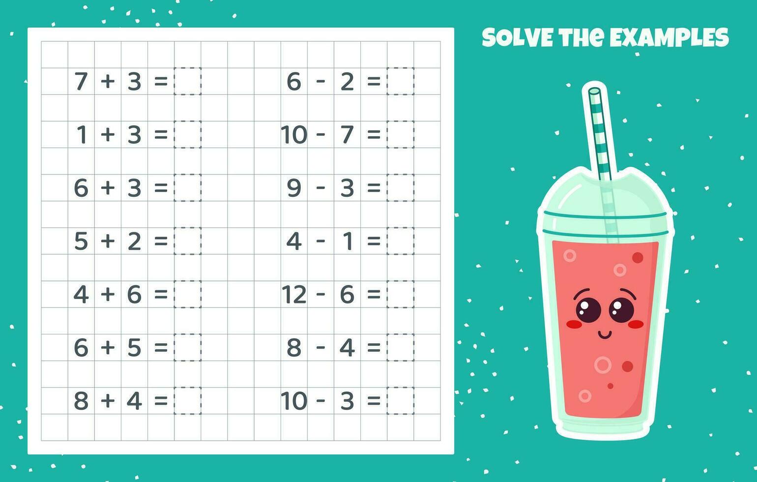 Solve the examples. Addition and subtraction. Mathematical puzzle game. Worksheet for school kids. Vector illustration. Cartoon educational game with cocktail for children.