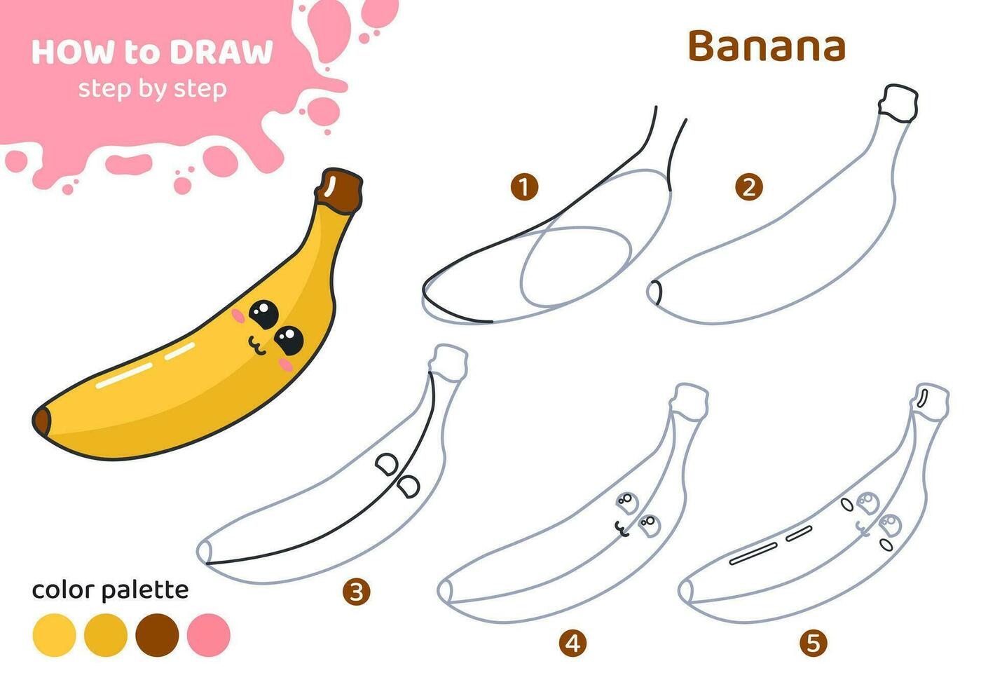 Drawing tutorial for kids. Education worksheet. How to draw banana. Step by step. Graphic task for preschool and school children with color palette. Art with fruit. Vector illustration.