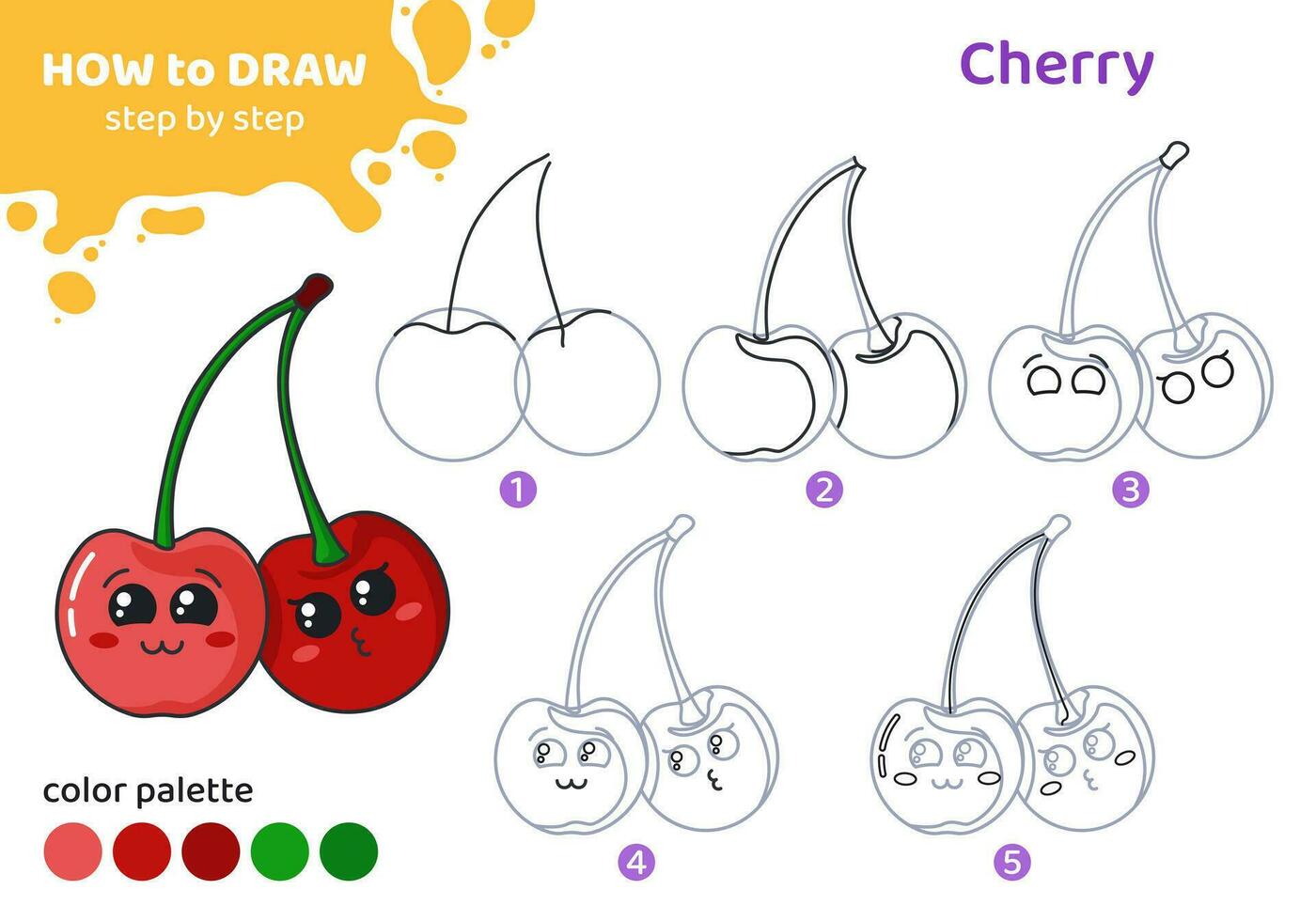 dibujo tutorial para niños. educación hoja de cálculo. cómo a dibujar cereza. paso por paso. gráfico tarea para preescolar y colegio niños con color paleta. Arte con baya. vector ilustración.