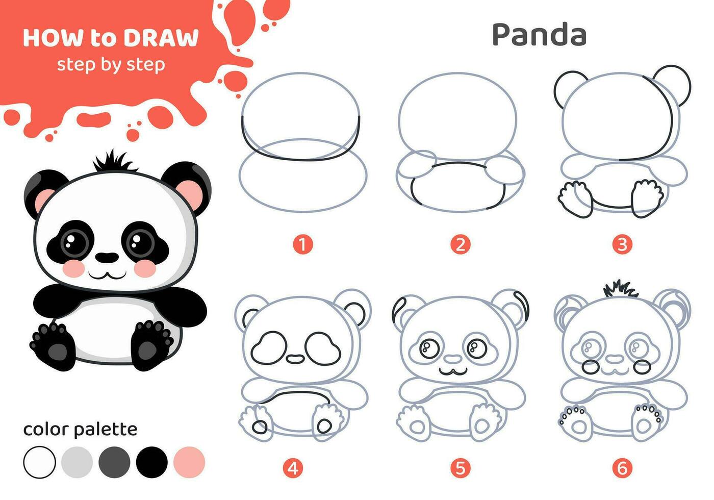 Drawing tutorial for kids. Education worksheet. How to draw panda. Step by step. Graphic task for preschool and school children with color palette. Art with wild animal. Vector illustration.