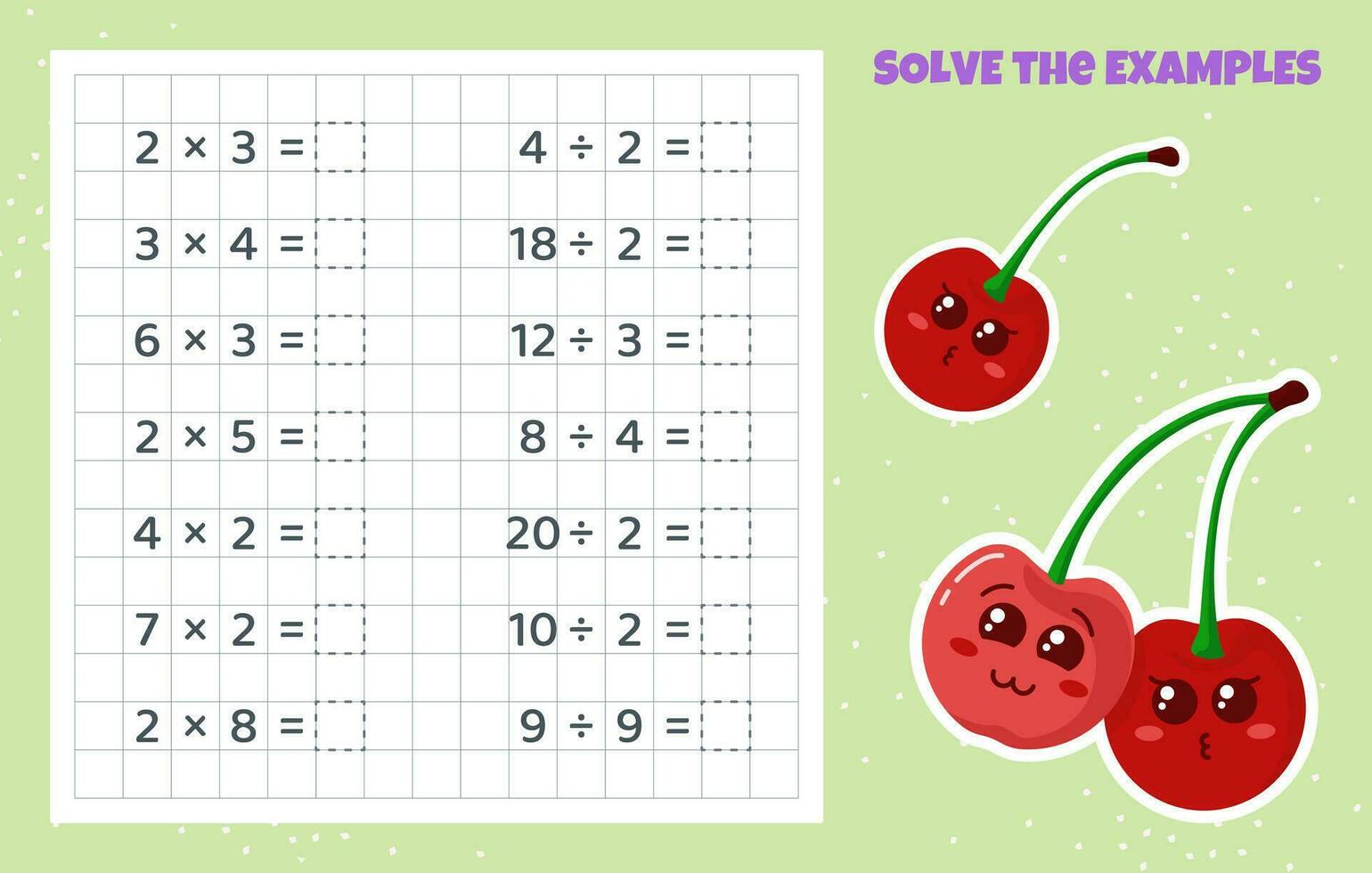 Solve the examples. Division and multiplication. Mathematical puzzle game. Worksheet for school kids. Vector illustration. Cartoon educational game with cherries for children.
