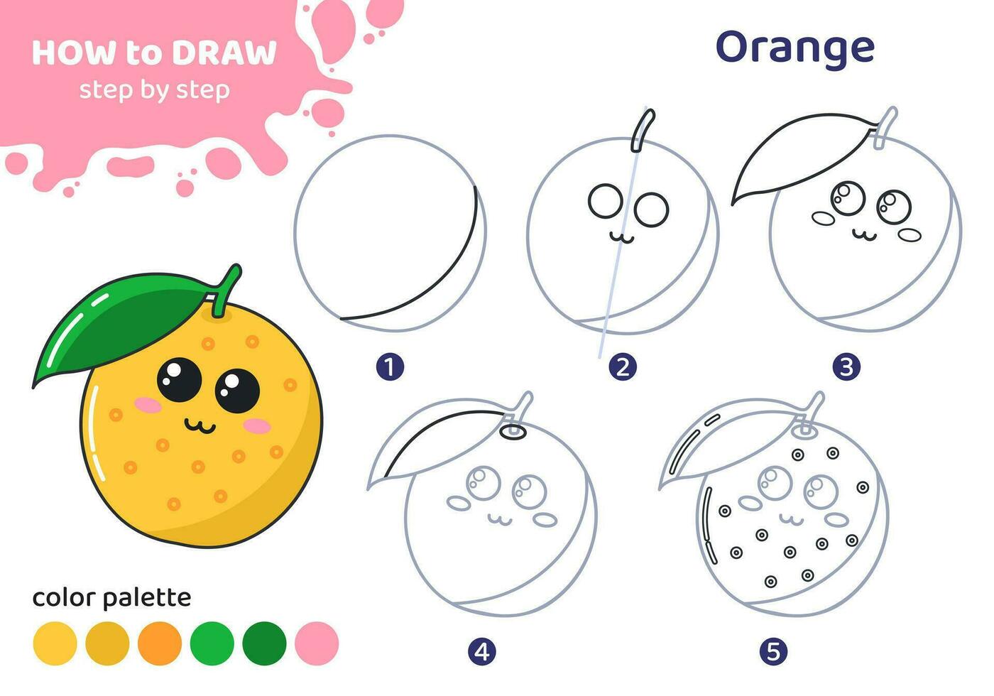 Drawing tutorial for kids. Education worksheet. How to draw orange. Step by step. Graphic task for preschool and school children with color palette. Art with fruit. Vector illustration.