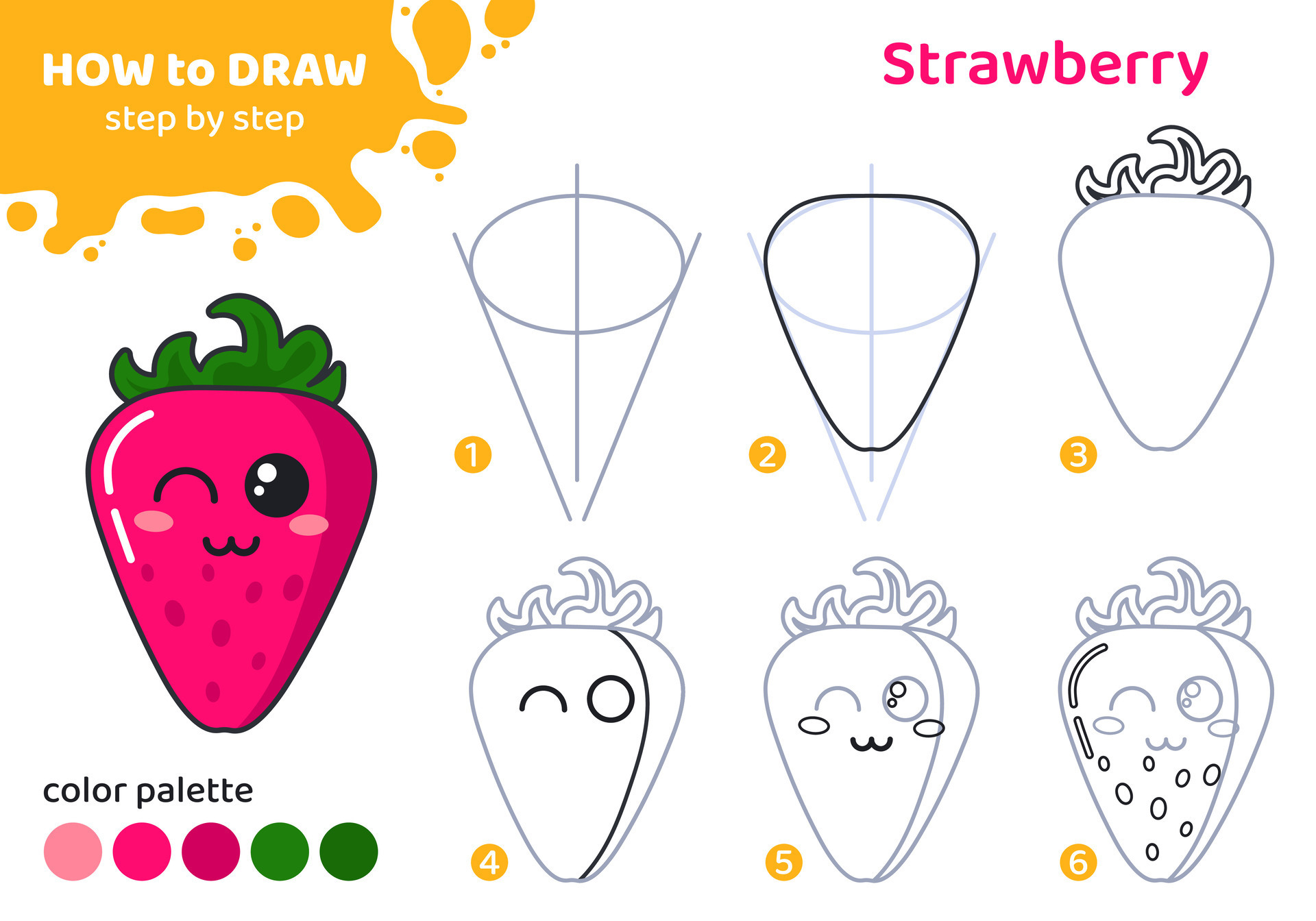 Drawing tutorial for kids. Education worksheet. How to draw strawberry