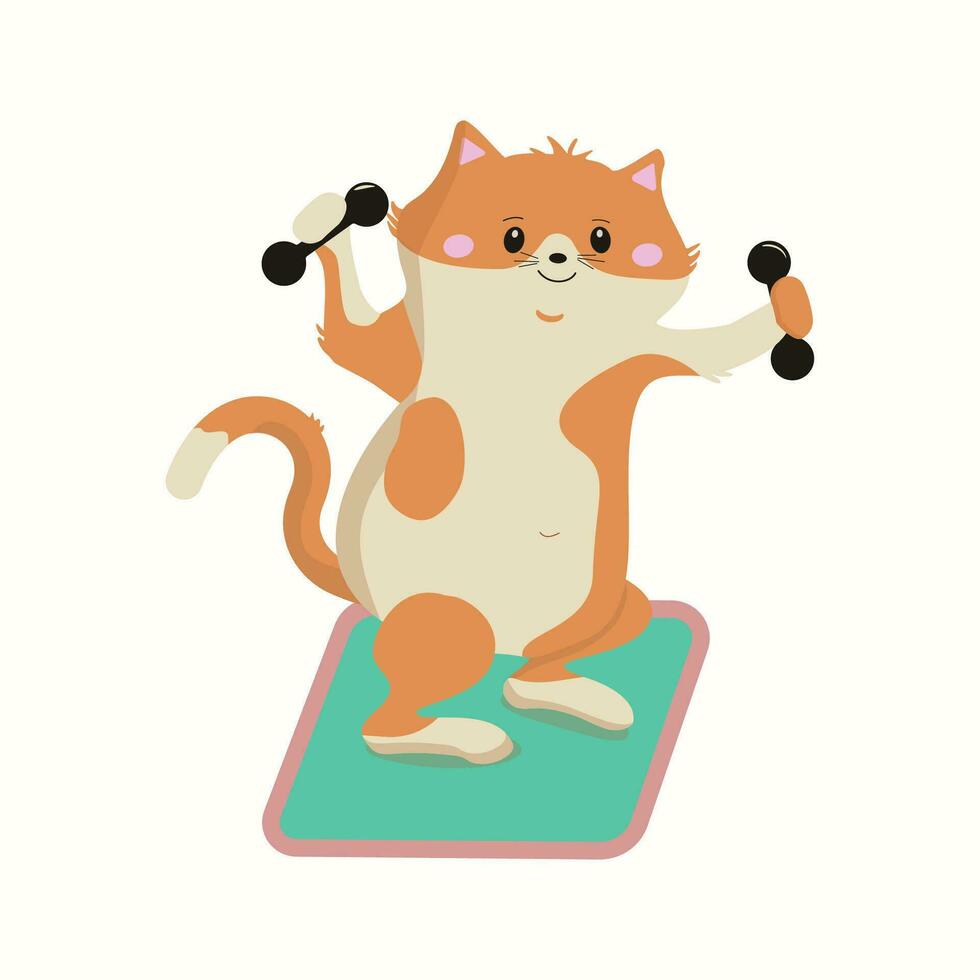 Cartoon red kitten goes in for sports. Kitten with dumbbells. Sports, gymnastics. Healthy lifestyle. Animal, pet. Vector illustration on white isolated background.