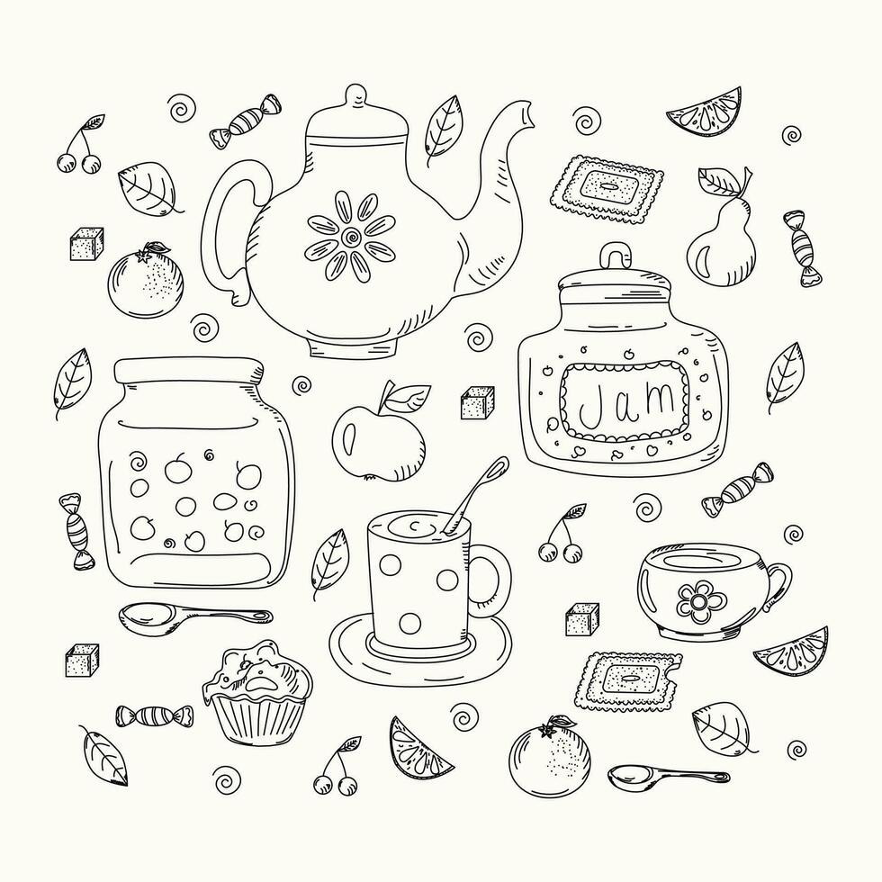 Doodle sweets. Icons food, drink, fruit, crockery. Tea Time Set. Contour drawings. Vector graphics on white isolated background.