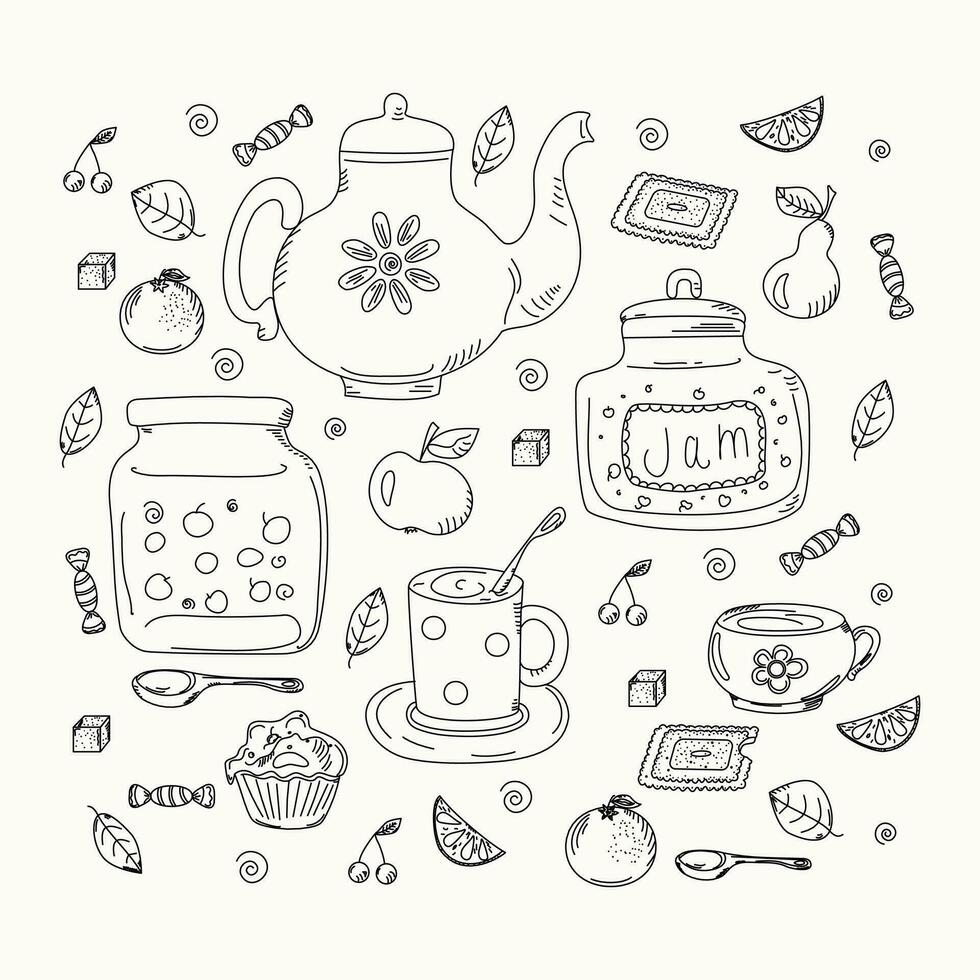 garabatear dulces íconos alimento, beber, fruta, vajilla. té hora colocar. contorno dibujos. vector gráficos en blanco aislado antecedentes.