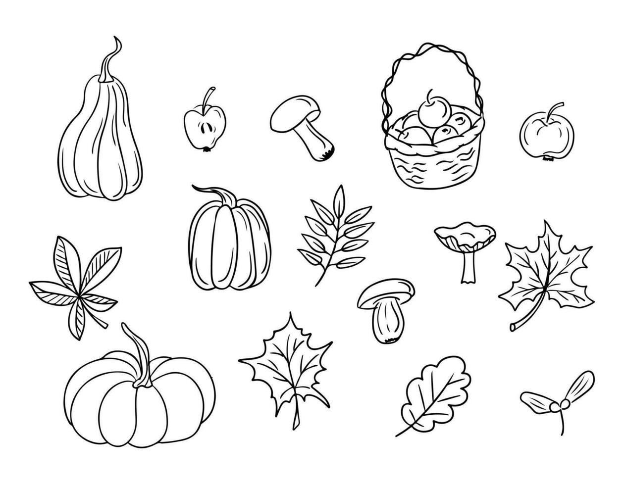 Collection of hand drawn doodle autumn nature gifts. Black isolated outline elements. Pumpkins, autumn leaves, mushrooms, apples. Unique vector sketch design. Ideal for coloring pages, sticker