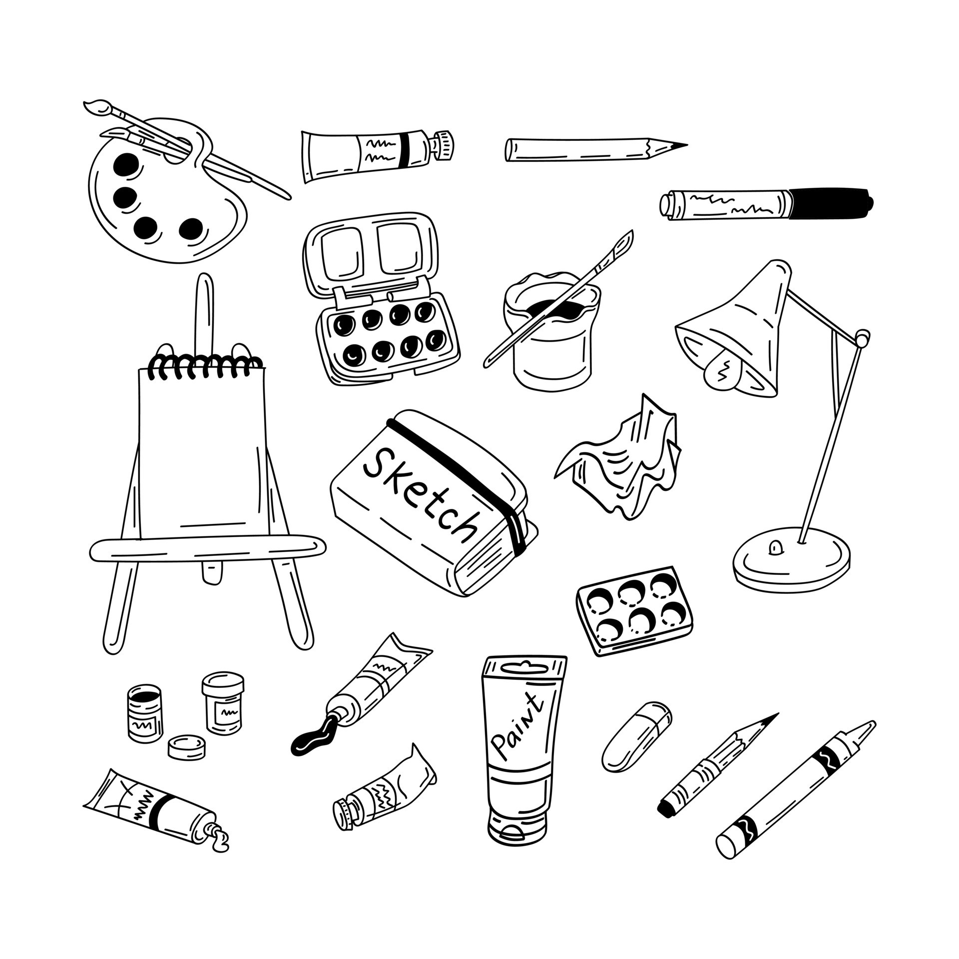 Set of cute hand drawn drawing tools including pencils; pens; watercolor;  eraser; pastel; brush; and others. Vector hand drawn art collection Stock  Vector